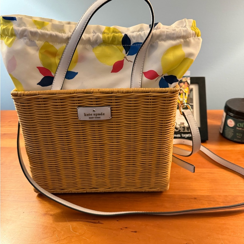Kate Spade Tan Wicker Tote with Colorful Floral Accents